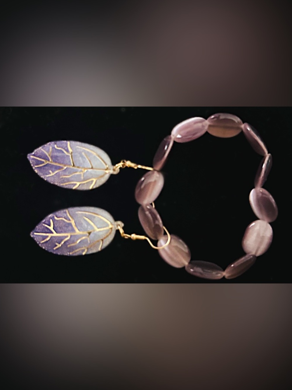 Handcrafted Purple Leaf Drop Earrings and Bracelet Set - Picture 3 of 5